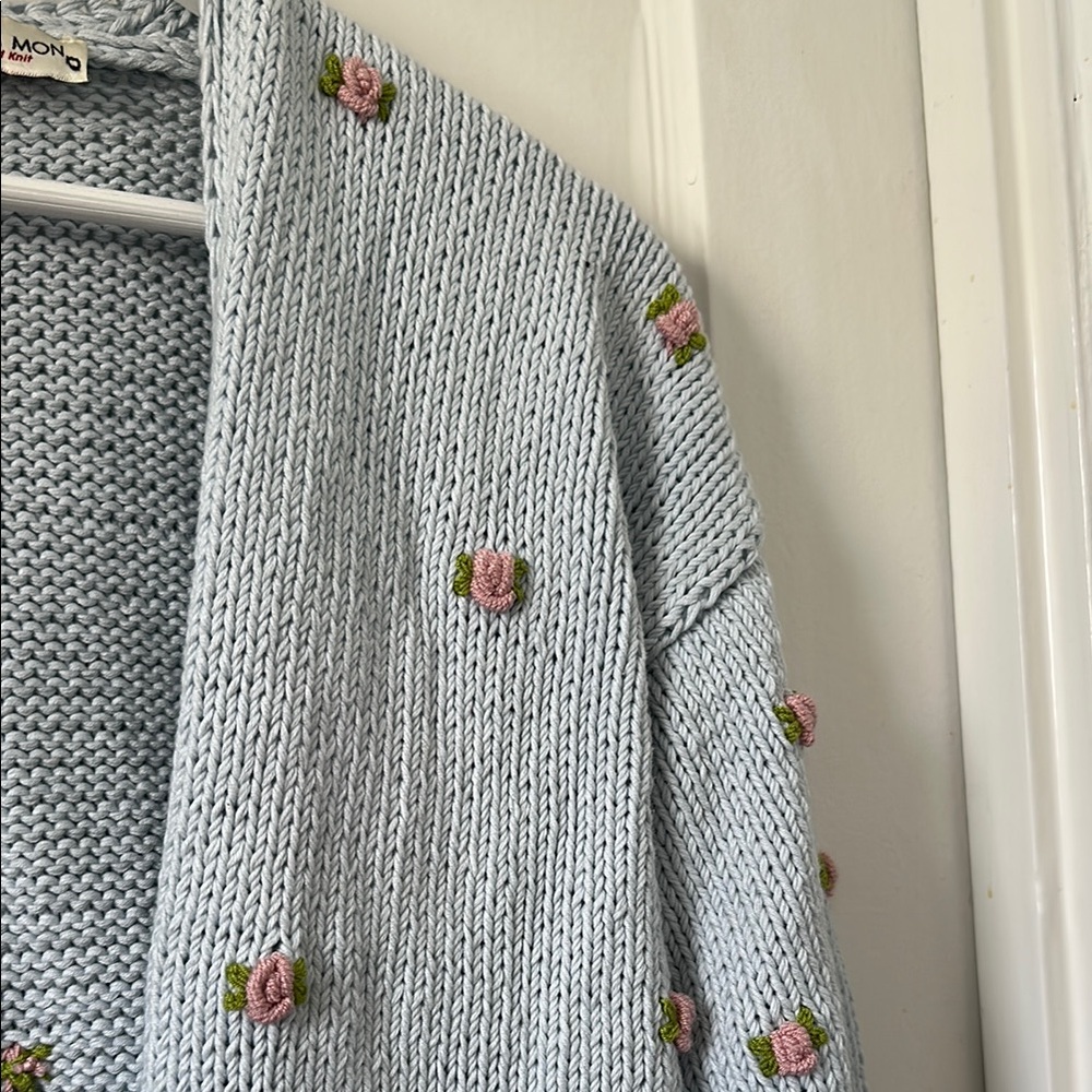 Fanm Mon Hand Knit Blue Embroidered Rosette Cardigan Sweater - Picture 4 of 12
